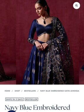 Navy Blue Embroidered Satin Lehenga - Designer Women’s Set